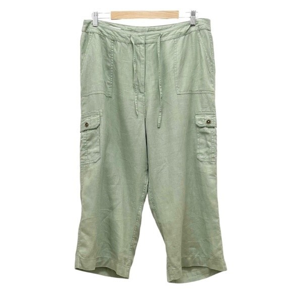 J. Peterman 100% Linen Celery Green Cropped Cargo Pants Size 14 Flowy Lagenlook - Picture 3 of 8